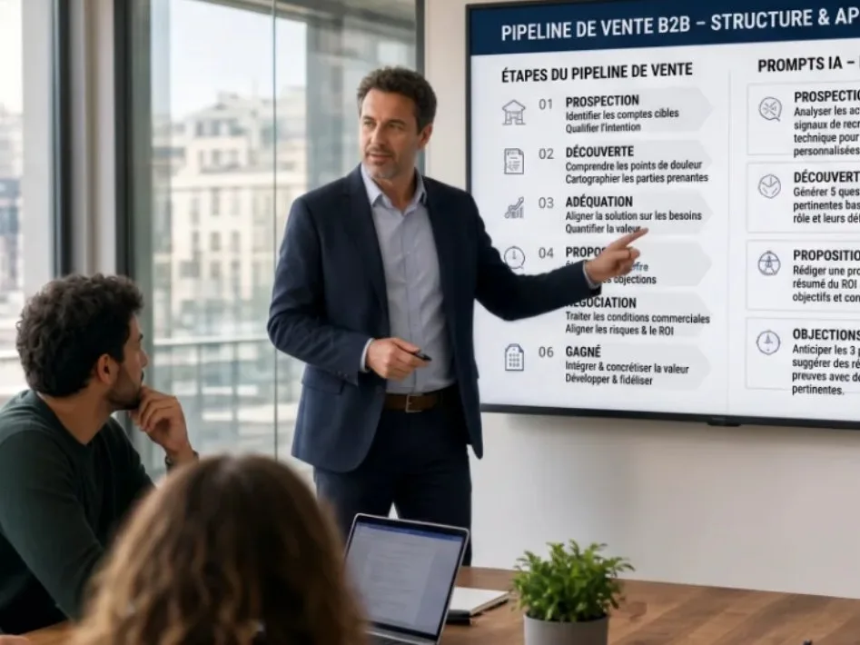 Hacène Slimane anime une séance de formation devant une équipe commerciale, écran affichant le pipeline de vente B2B et les prompts IA par étape